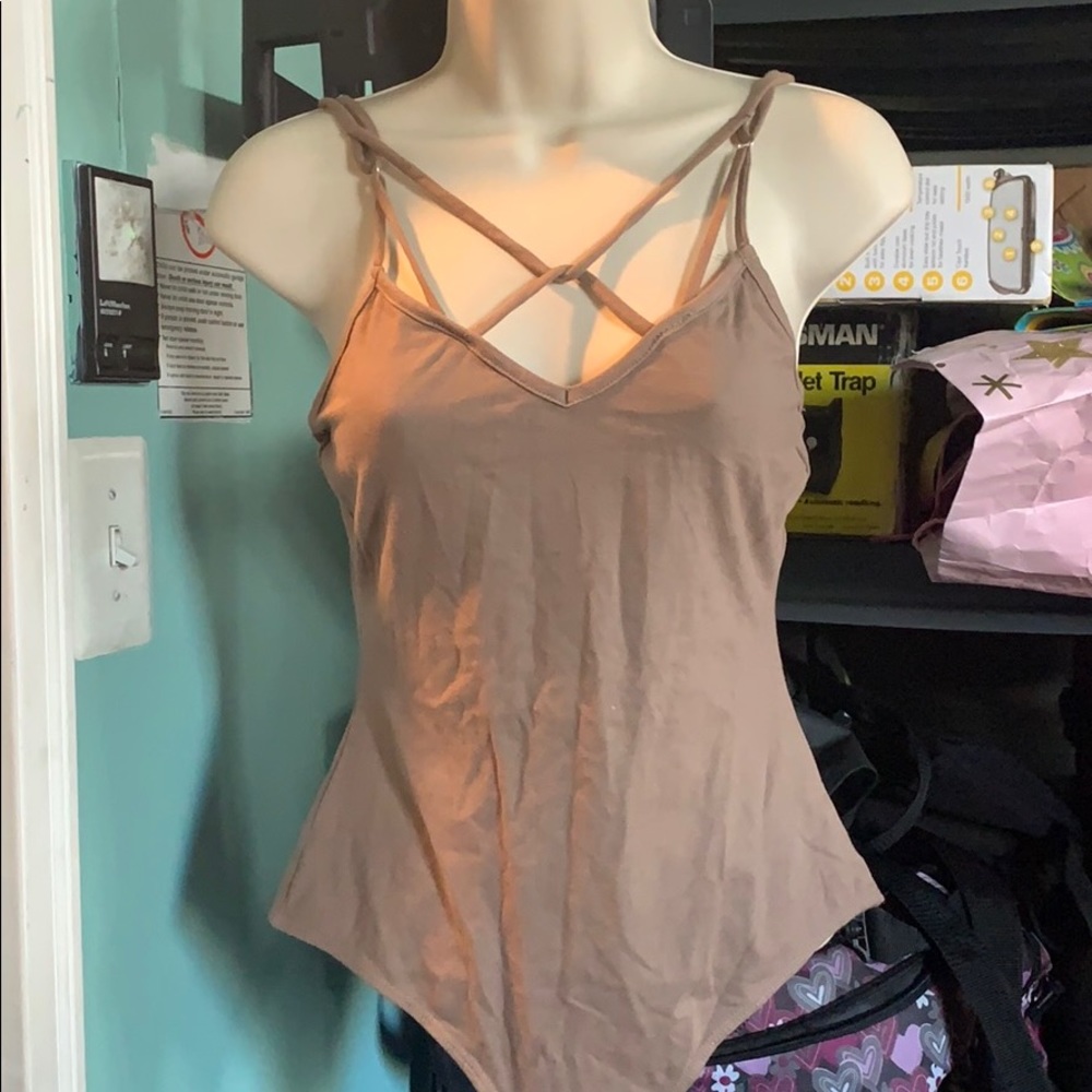 Taupe crisscross strap bodysuit